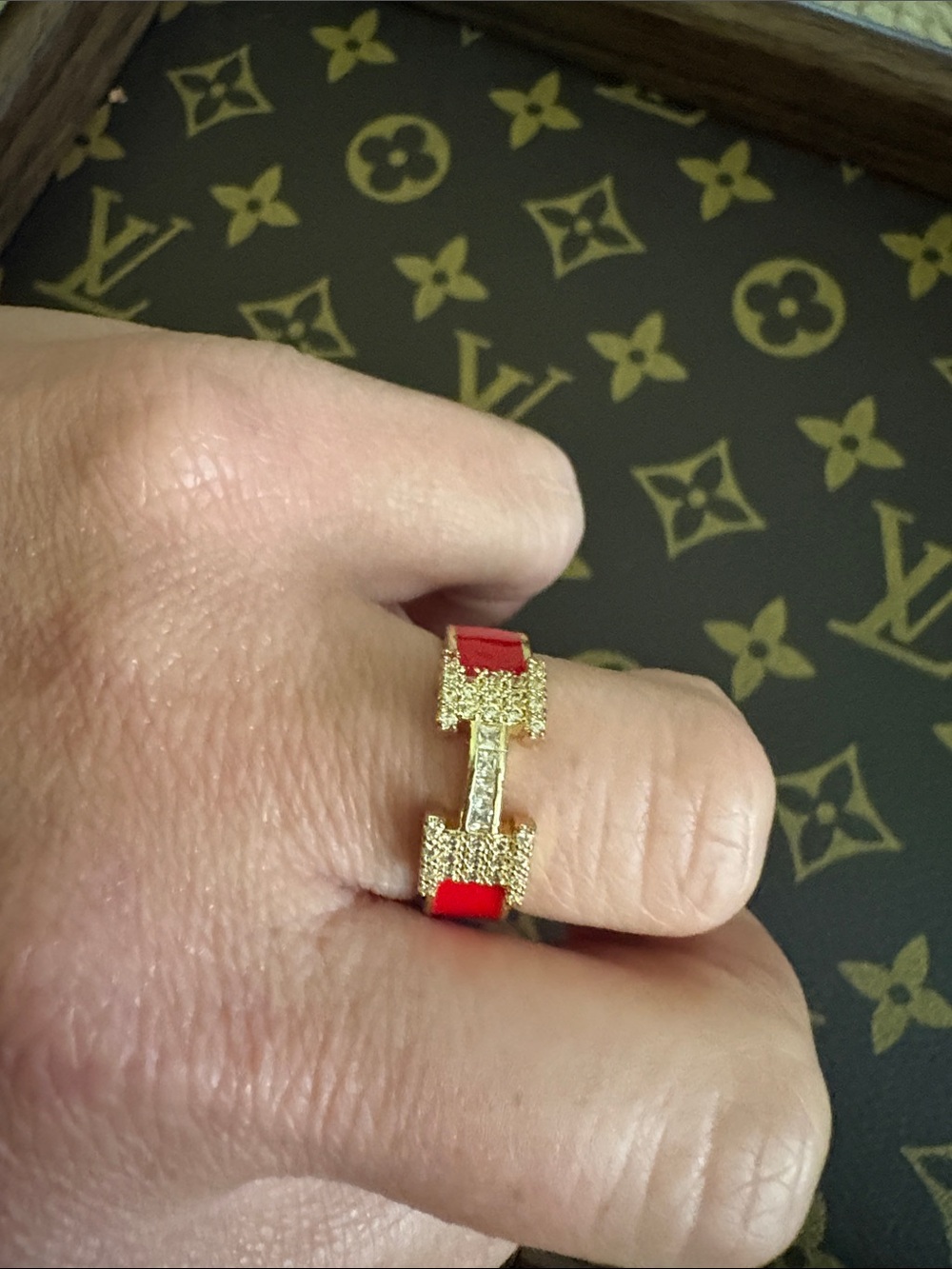 Gold-Tone Ring with Red Enamel and Crystal Like Accents